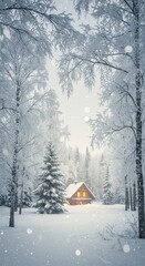Naklejka premium Snowy Cabin in Winter Forest Landscape Snowfall Scene Background