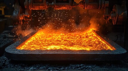 Molten metal glowing brightly in a foundry, sparks flying in the hot, industrial scene