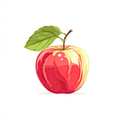 Fresh red and yellow apple with green leaf attached to brown stem, showing shiny and smooth surface, isolated on white background with natural and healthy look