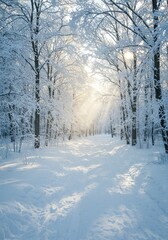 Obraz premium Snowy Winter Scene Landscape Trees White Nature Sunlight Forest