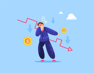 concept of declining sales. decreasing revenue, profits, and economy. business problems and losses. illustration of a businessman with declining financial conditions. flat style design. elements