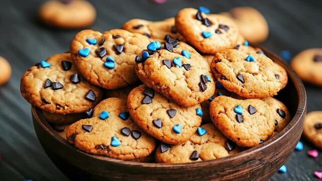 Heart-shaped chocolate chip cookies with colorful sprinkles in wooden bowl. The 14th of February. Happy Valentine's Day