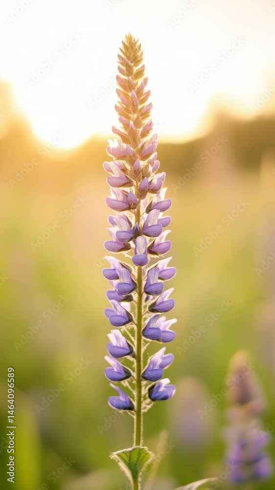 Poster purple lupin flower growing in a field, illuminated by the warm golden light of the setting sun, cre
