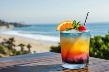 Colorful Cocktail with Ice, Mint & Orange Slice on Beach