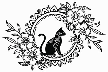 96 Black and white illustration, intricate floral mandala, cat silhouette, ornate cat design, botanical wreath, detailed linework, symmetrical composition, decorative flowers and leaves, bohemian styl