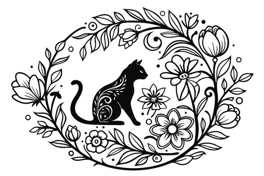 Fototapeta 96 Black and white illustration, intricate floral mandala, cat silhouette, ornate cat design, botanical wreath, detailed linework, symmetrical composition, decorative flowers and leaves, bohemian styl