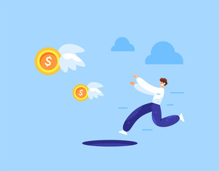 Obraz premium concept of business, challenges and pitfalls. efforts to gain profit and money. illustration of a businessman running after flying coins while passing through a hole. flat style design. elements