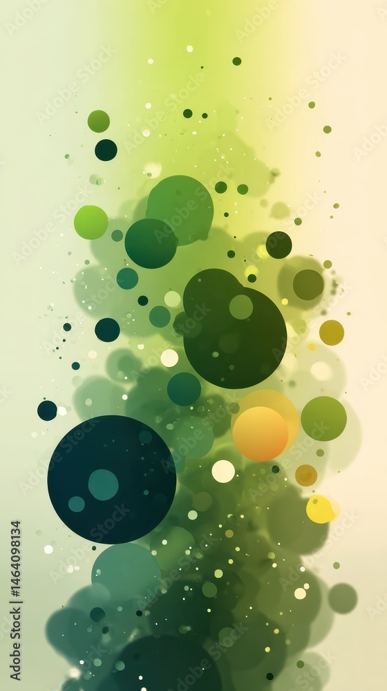 Poster vibrant overlapping circles in green, yellow, orange sizes generating geometric abstract pattern aga
