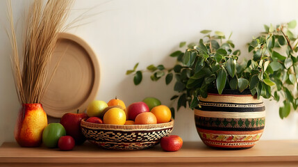 Beautifully Decorated Home with Colorful Kwanzaa Decorations and Fresh Fruit on a Simple Shelf