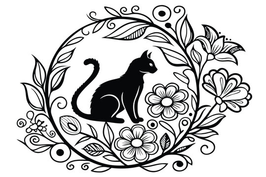 Fototapeta 96 Black and white illustration, intricate floral mandala, cat silhouette, ornate cat design, botanical wreath, detailed linework, symmetrical composition, decorative flowers and leaves, bohemian styl