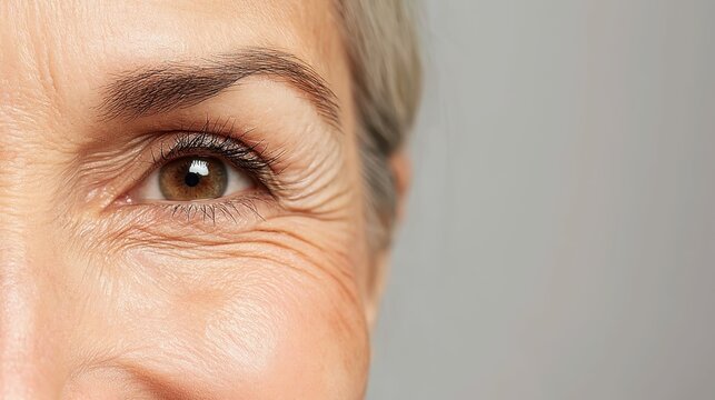 Weathered senior eye revealing delicate skin texture, highlighting depth of aging with natural, intricate wrinkle patterns surrounding iris