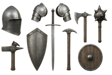 A collection of medieval weapons and armor, including a helmet, sword, axe, mace, shield, and various tools. Concept Medieval Weaponry, Armor Collection, Knights Gear, Historical Artifacts