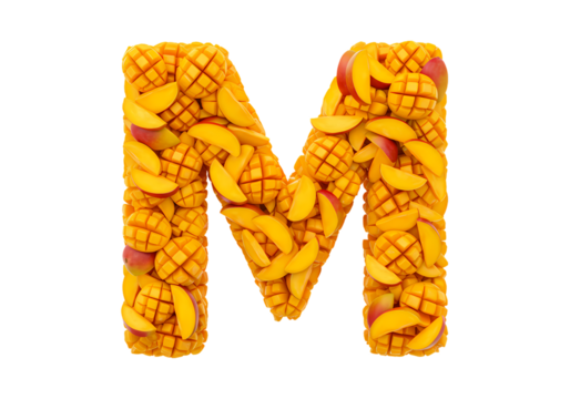 Mango and Peach Letter M Tropical Fruit Alphabet isolated on transparent background