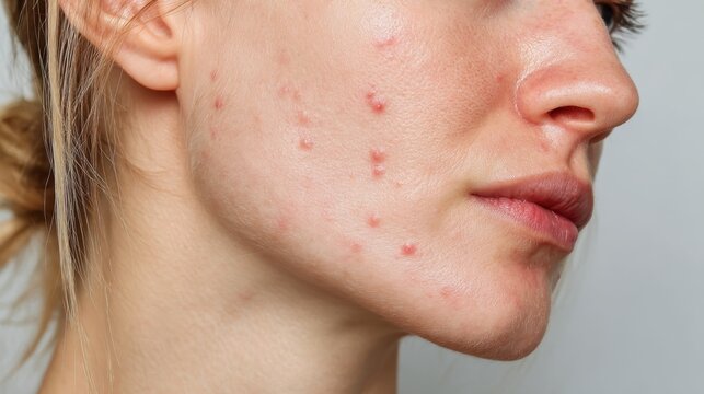 Young woman facing skin challenges, revealing facial acne and dermatological concerns while highlighting importance of targeted skincare treatment