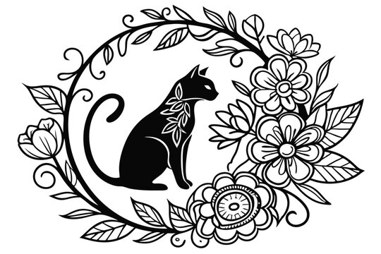 Fototapeta 96 Black and white illustration, intricate floral mandala, cat silhouette, ornate cat design, botanical wreath, detailed linework, symmetrical composition, decorative flowers and leaves, bohemian styl