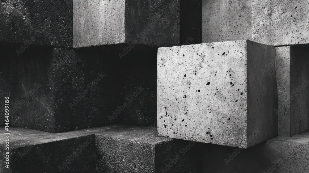 Poster concrete cubes stacking in gray tones, forming minimalist architectural pattern with sharp geometric