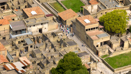Aerial view of the ruins and excavations of Herculaneum. It is an archaeological area of ​​an...