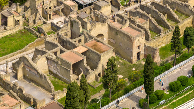 Aerial view of the ruins and excavations of Herculaneum. It is an archaeological area of ​​an ancient Roman city, near Pompeii, in the province of Naples, Italy. It is a tourist destination.