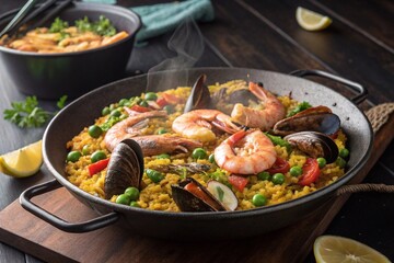 Paella with seafood (rice, shrimp, mussels, squid, peas, saffron) in a large frying pan. High quality photo