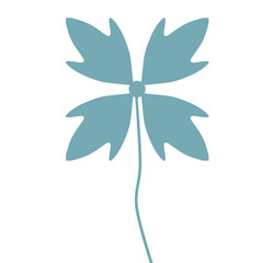 minimalist four-petal abstract flower icon with jagged leaves, modern blue flat silhouette design on transparent background for logos, prints, and stickers