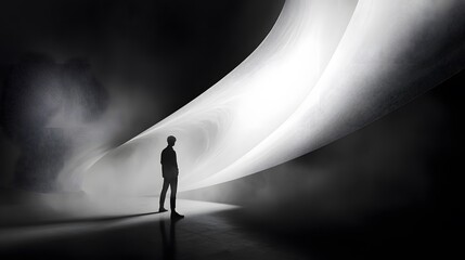 Solitary Contemplation: A lone figure stands silhouetted, absorbed in introspection within a dramatic, light-filled space, representing the profound depths of thought.