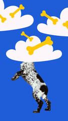 Poster. Conceptual art collage. Dog stands upright with head inside white cartoon cloud where yellow bones float in sky. Concept of domestic animals, veterinary, grooming, pets care, love.