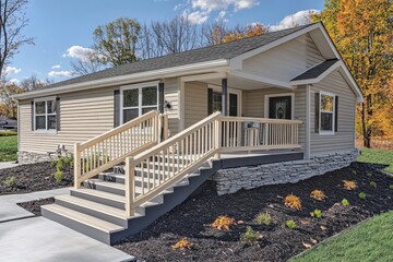 Exterior view of a beige ranch house with a porch and wooden railings. Use for real estate, home improvement, or neighborhood design content.