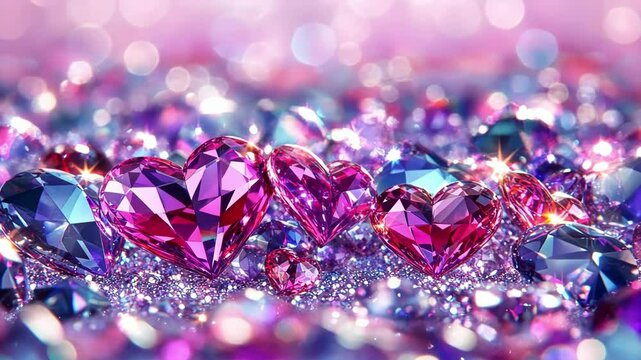 Sparkling pink and purple gemstone hearts on shimmering surface. The 14th of February. Happy Valentine's Day