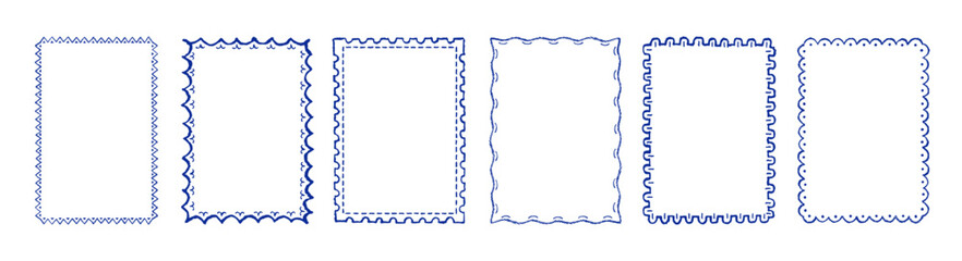 Stamp coastal frames. Vintage squiggle borders. Hand drawn frame for menu, wedding invitation, coastal party. Italian ornament border design. Doodle wiggle retro stamp poster. Scallop crayon emblem bg