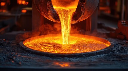 Molten metal pouring into a mold, glowing bright with heat and energy