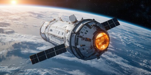 A space satellite orbits above Earth, capturing the planet's curvature and the vast expanse of outer space with solar panels extended.