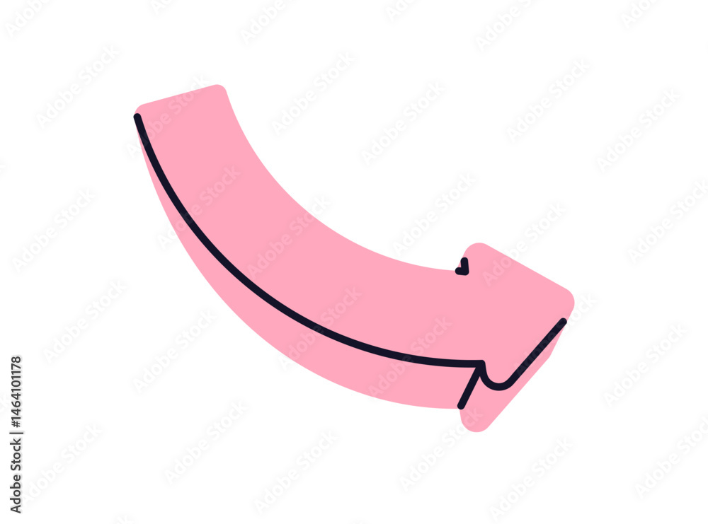 Aufkleber Arrow, down right and forward direction. Curved element for rotation, movement below. Showing descent action. Navigation pointer pointing. Flat vector illustration isolated on white background