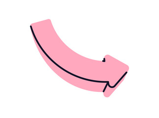 Arrow, down right and forward direction. Curved element for rotation, movement below. Showing descent action. Navigation pointer pointing. Flat vector illustration isolated on white background