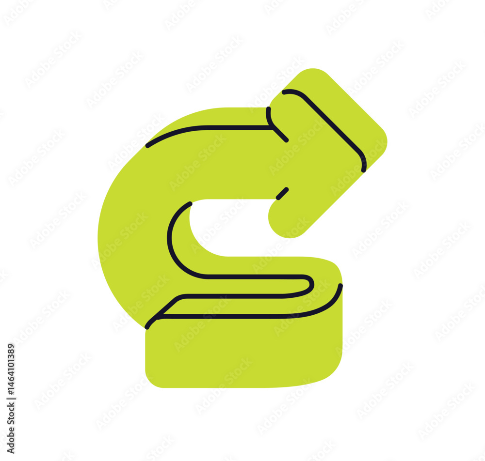 Aufkleber Arrow, navigation sign. Curved direction, twisting movement. Pointer symbol turning, pointing right, showing tricky path, changing route. Flat vector illustration isolated on white background