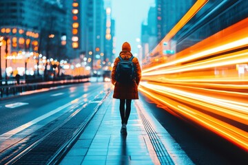 A person walks alone on a city street at night, with bright lights and blurred motion from passing traffic.