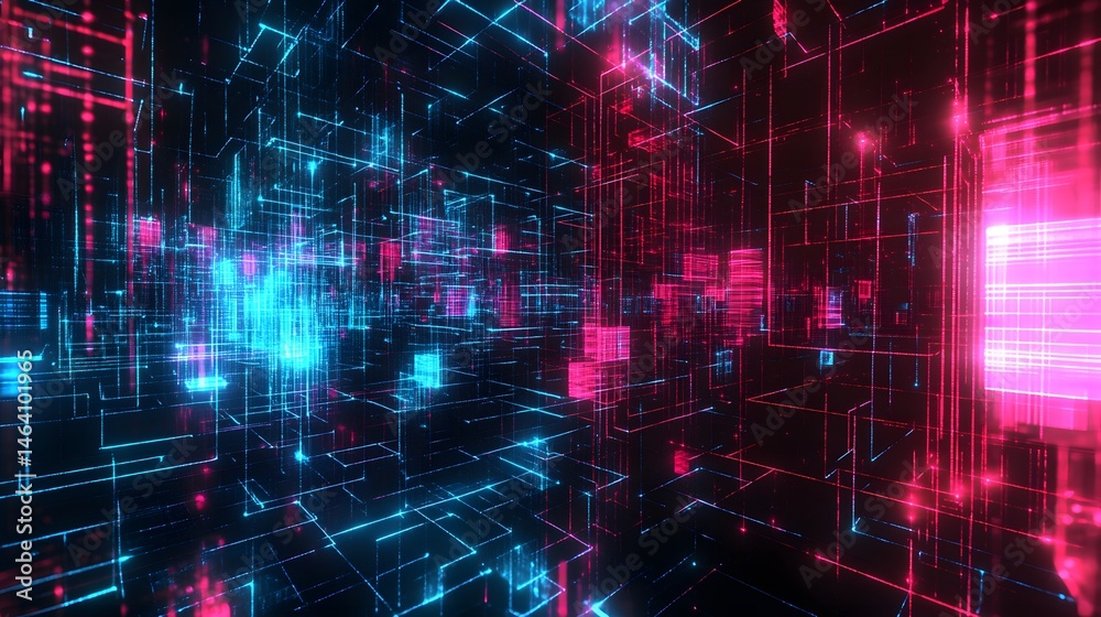 Wall mural cyber city of lines: futuristic network of data and lines with blue and red colors, highlighting dig