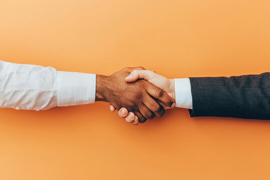 Business operations and entrepreneurship. Handshake between two individuals against a vibrant orange background.
