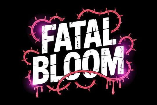 Fatal Bloom illustration with thorns, dripping effect and cracked text