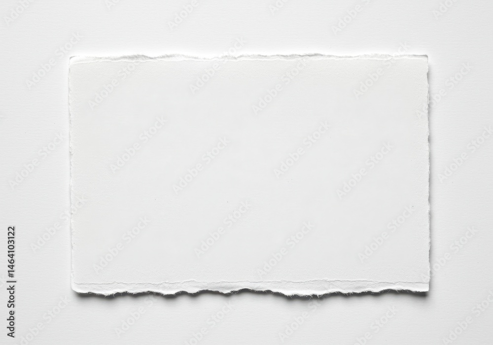 Poster white paper sheet with rough torn edges is displayed on a white surface, creating a minimalistic abs