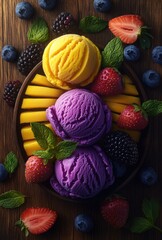Colorful ice cream scoops, mango slices, and berries