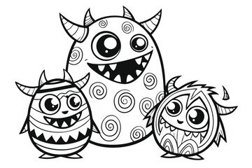 98 Cute monsters doodle, black and white illustration, intricate details, whimsical creatures, big eyes, sharp teeth, swirls and patterns, hand-drawn style, cartoon characters, quirky design, playful 