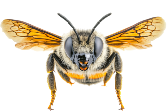 Close-up of a detailed bee showcasing vibrant wings and eyes.