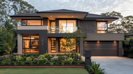 Fototapeta premium Modern Two-Story House Exterior Design with Dark Brick and Landscaping
