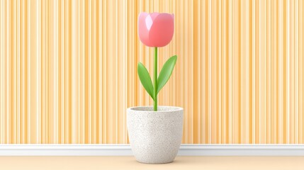 Obraz premium Pink Tulip in White Pot Against Orange Striped Wallpaper