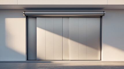 Metal rolling shutter door closed on contemporary retail facade providing secure access and minimalist commercial architecture visual appeal Wallpaper Background Exterior Design