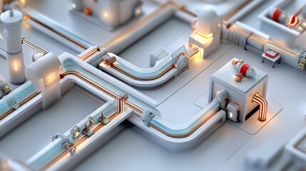 Softly lit 3D mechanical system layout with white accents
