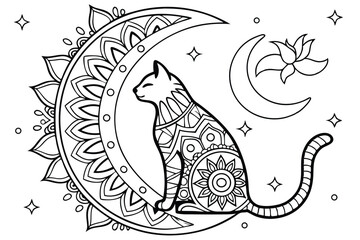 99 Intricate mandala cat, crescent moon, zentangle patterns, black and white line art, symmetrical design, ornate details, celestial theme, decorative illustration, adult coloring book style, geometri