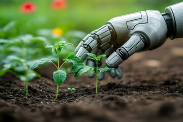 Robot planting seedlings in garden