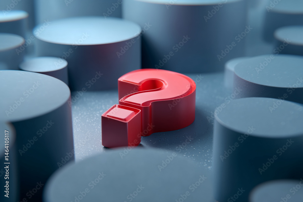 Poster red question mark on a blue cylindrical pedestal, symbolizing inquiry, uncertainty, or a need for an