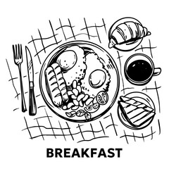 Breakfast, coffee, food vector sketch illustrations, hand drawn